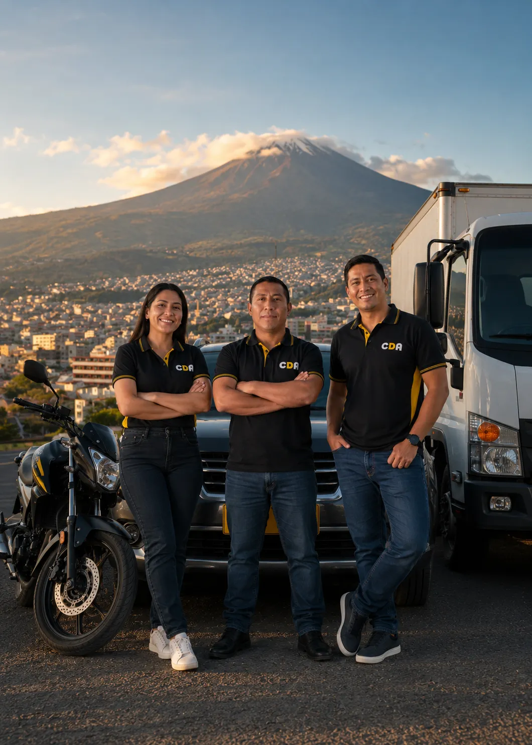 Equipo de MPS Pasto frente a los vehículos, con el volcán Galeras al fondo