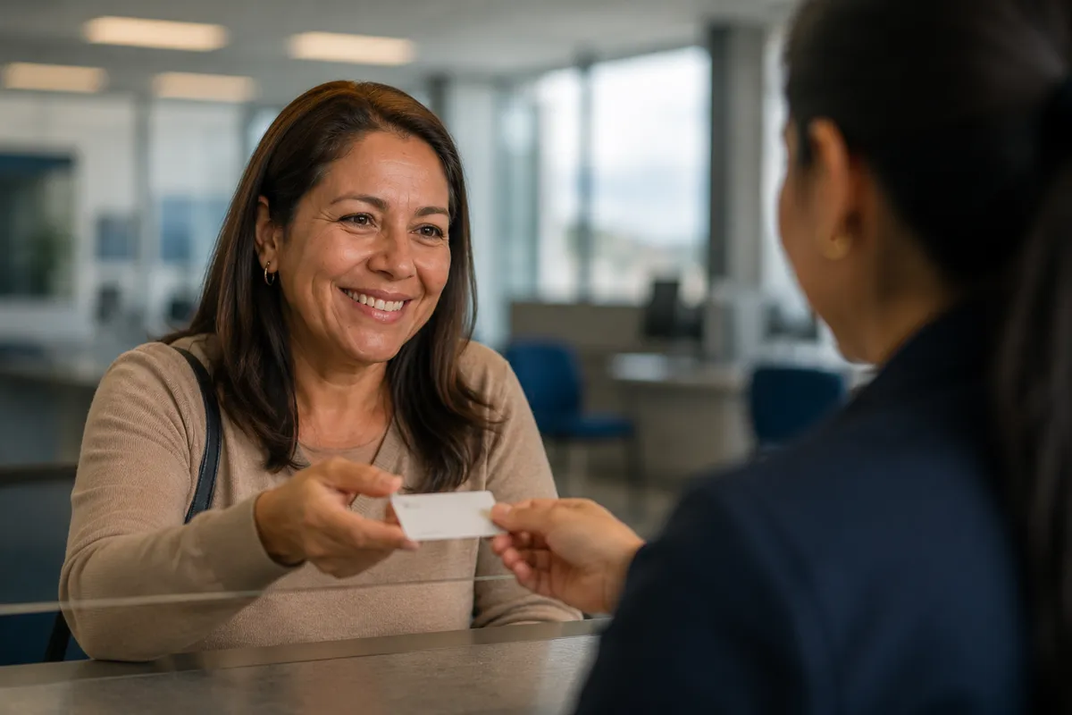 Mujer recibiendo su licencia de conducción renovada en el punto de atención