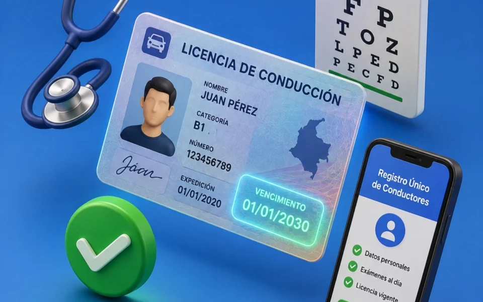 Animación de una licencia de conducción renovada, con el examen médico y el registro del RUNT al día